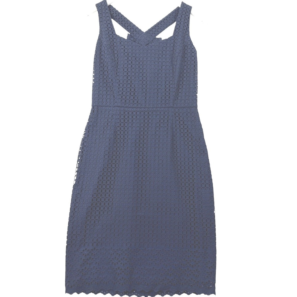 Brooks Brothers Eyelet Sheath Dress Women 2 Navy Blue Bow Back Classic Scallop